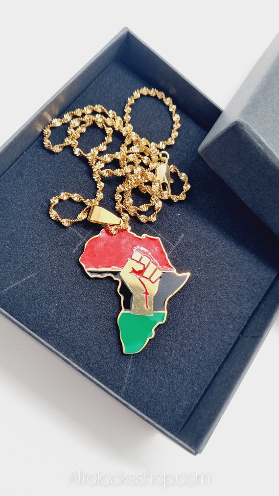 Collier Afrique Pan-Africain – Chaîne 50 cm or – Pendentif émail rouge-noir-vert – Idée cadeau unisexe