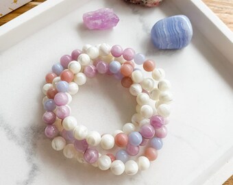SEASHELLS Mala Bracelet | Blue Lace Agate, Kunzite, Mother of Pearl + Pink Opal Mala Bead Bracelet