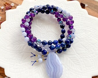 DREAM WEAVER Mala Necklace | Amethyst, Aura Quartz, Blue Lace Agate + Lapis Lazuli Mala Bead Necklace | 108 Bead Japa Mala
