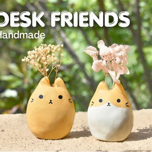 Cute Cat Clay Figurine | Desk Friends | Handmade Clay Decor | Mini Buds Vase