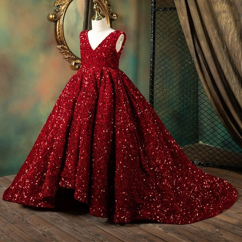 Childrens Girls Elegant Formal Sequin Embroidered Pageant Dress