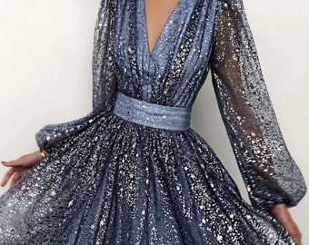 2022 Women V-Neck long Sleeve Sequin Gown Dress Glitter Dress Bridesmaid Dress Evening Prom Party Dress luxury dress Bright Fashion dress