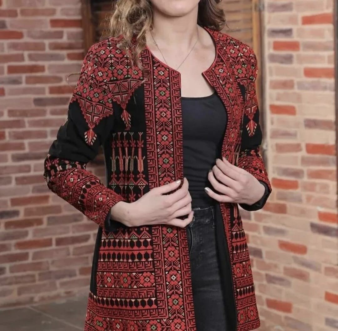 Red Traditional Palestinian Embroidered Womens Coat With Tasseled Wide Chiffon Sleeves C100046 main image 1