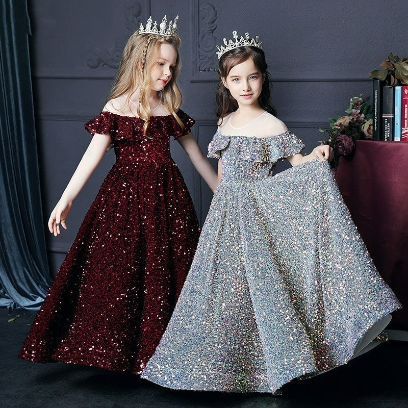 Girls Puffy Dresses Prom Gown Red Sequins Flower Girl Dresses Etsy