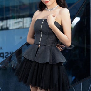 Lynd Set Strapless Corset Top and Tulle Mini Skirt, Black 2 Piece Party Dress, Peplum Bustier and Flared Skirt, Event Outfit, Custom Dress