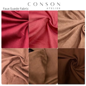 May include: A selection of six faux suede fabric swatches in shades of red, brown, and tan. The fabric is arranged to display its texture and colour variations. The text "Faux Suede Fabric" is visible.