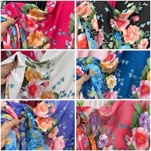 Floral Satin Fabric by the Yard, Glossy Soft Satin with Large Bloom Print, Lightweight Fabric for Dresses, Gowns, Cheongsam & DIY Sewing