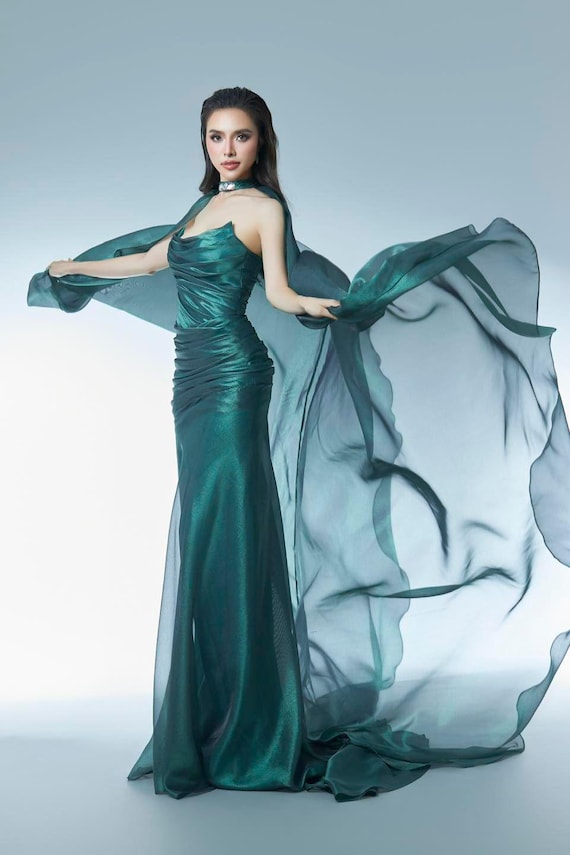 Emerald Green Evening Gown with Cape, Draped Satin Formal Dress, Goddess-Inspired Gown, Custom Haute Couture Dress, Event Gown, Prom Dress