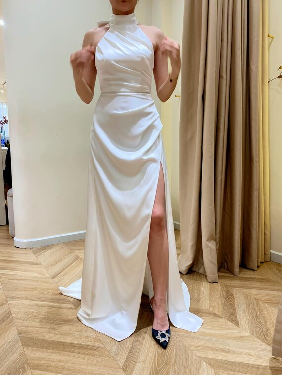 white satin draped dress Caelora Elegant White Satin Evening Gown