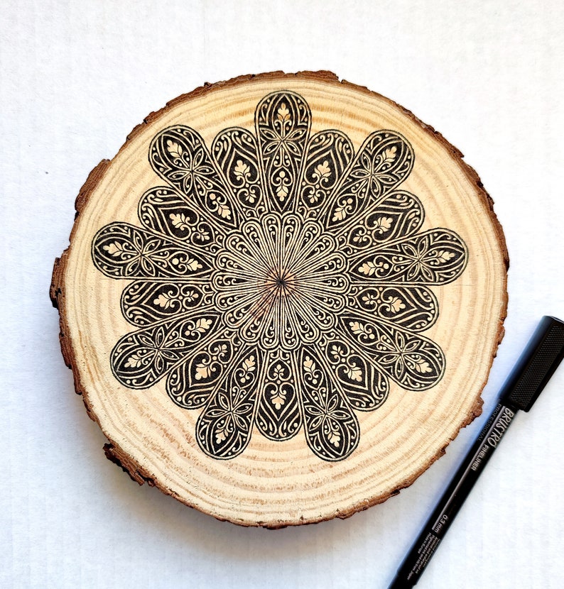 Mandala Wooden Slice, mandala art, wooden log art, black ink art