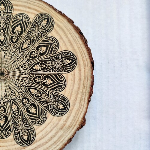 Mandala Wooden Slice, mandala art, wooden log art, black ink art