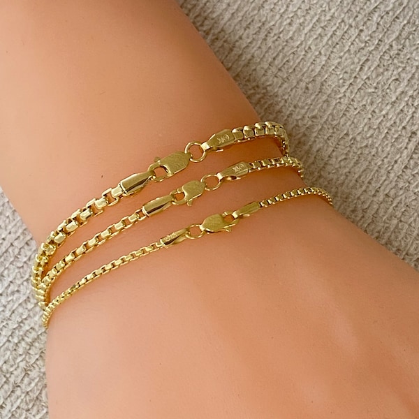 Solid 10K Box Bracelet, Ladies Gold Bracelet, 2mm 2.5mm 3.5mm Box Bracelet, Bracelet to Match Box Chain, Strong Bracelet, Stackable Bracelet