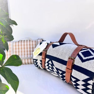Premium Geometric Picnic Blanket with Faux Leather Belt, Reversible pattern, Waterproof Mat, Mothers day gift for her