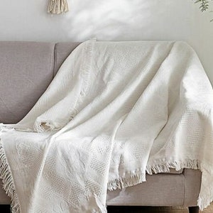 Luxurious Nordic White Throw Blanket | Large Cotton Sofa Throw | Diamond Woven Pattern | Premium Sofa and Bed Cover | Housewarming Gift
