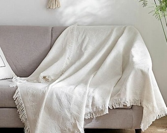 Luxurious Nordic White Throw Blanket | Large Cotton Sofa Throw | Diamond Woven Pattern | Premium Sofa and Bed Cover | Housewarming Gift