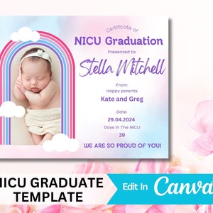 NICU ベビー卒業証明書 | NICU ママへのギフト | NICU ベビーギフト | 印刷可能でカスタマイズ可能なダウンロード | 未熟児へのプレゼント |