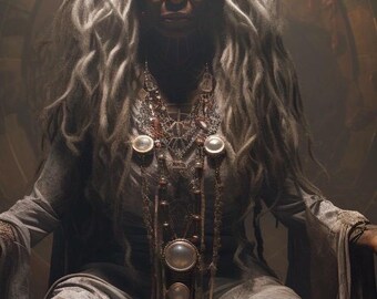 May include: A person with long, grey dreadlocks and a calm expression. They are wearing a flowing grey gown and elaborate jewellery with large, round pendants. The background has a circular design, creating a mystical atmosphere.