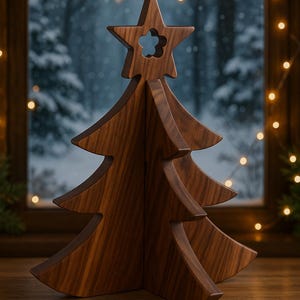 May include: A wooden Christmas tree decoration with a star topper. The tree is made of dark brown wood and has a cutout star at the top. The background shows a snowy scene outside a window, with string lights.