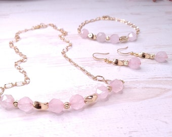 Set de joyas de cuarzo rosa handmade Joyería minimalista / Regalo para mujer Joyería Conjuntos de joyería y bisutería Pendientes Aro collar y pulsera de Plata baño en oro 