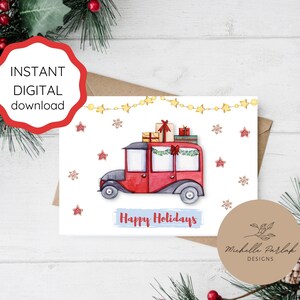 Happy Holidays Digital Christmas Greeting Card Instant Download Christmas Truck with Presents Watercolor Christmas Card Cozy Christmas Note