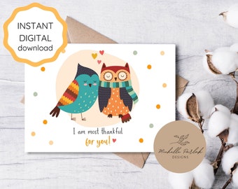 Printable Thanksgiving Card for Husband/ Boyfriend, Owl Thanksgiving Card Instant Download 7x5 inch card, Cute Card for Thanksgiving