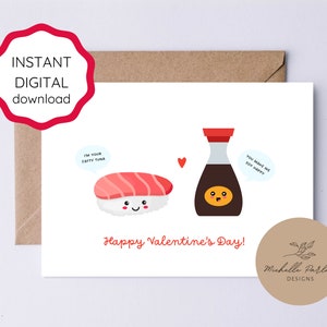 Tarjeta de San Valentín de sushi imprimible Juegos de palabras de amor divertidos Tarjeta Kawaii romántica con temática alimentaria San Valentín Foodie Valentine You Make Me Soy Happy Card