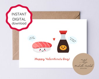 Printable Sushi Valentines Card You Make Me Soy Happy Valentine's Day  Kawaii Funny Sushi Lover Pun Romantic Love Card Digital Download