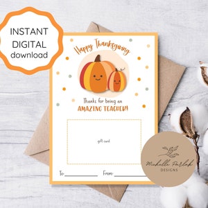 Porta-cartão de presente de Ação de Graças para professor, download instantâneo de cartão de Ação de Graças 5x7, presente de feliz dia de Ação de Graças para professor, cartão de estudante