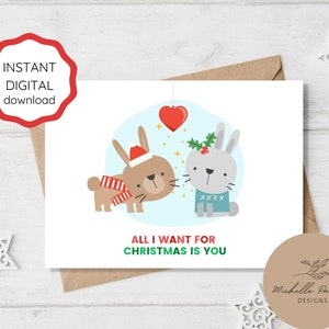Cartão de Natal romântico Tudo que eu quero para o Natal é você Cartão fofo para marido namorado Cartão Feliz Natal Coelhinhos apaixonados