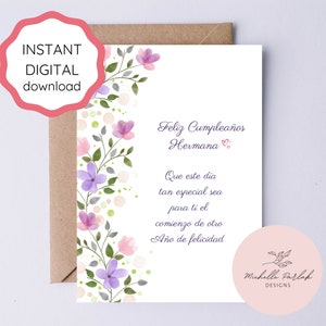Feliz Cumpleaños Hermana, cartão de feliz aniversário feito à mão, cartão de aniversário floral em aquarela, cartão de aniversário espanhol para irmã