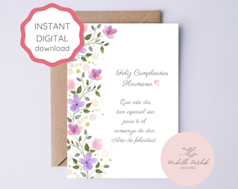 Feliz Cumpleaños Hermana, Handmade Happy Birthday Card, Floral Watercolor Birthday Card,  Spanish Birthday Card for Sister