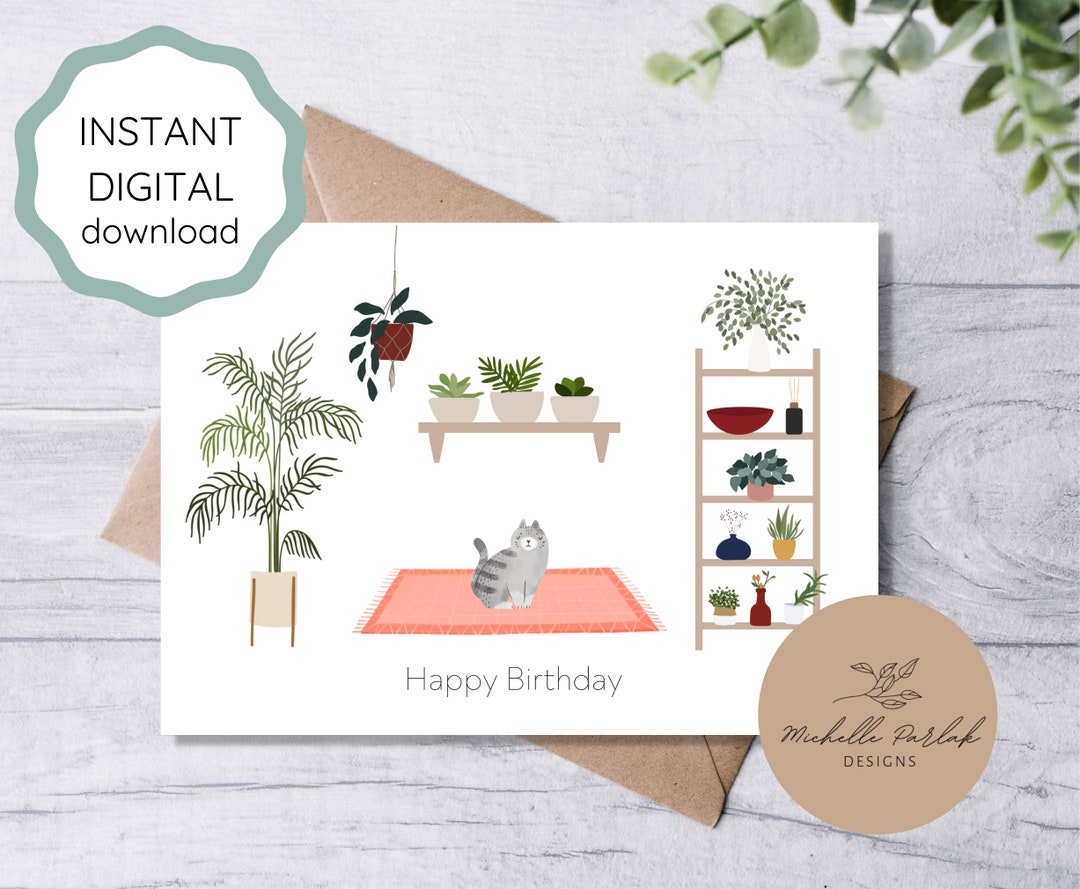 Cat Birthday Card Cat Lover Card Printable Digital Plant Lady Birthday ...