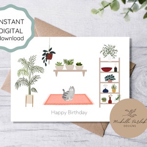 Cartão de aniversário de gato Cartão de amante de gato para impressão digital planta senhora presente de aniversário gato mãe aniversário gato pai cartão de aniversário animal de estimação melhor amigo aniversário