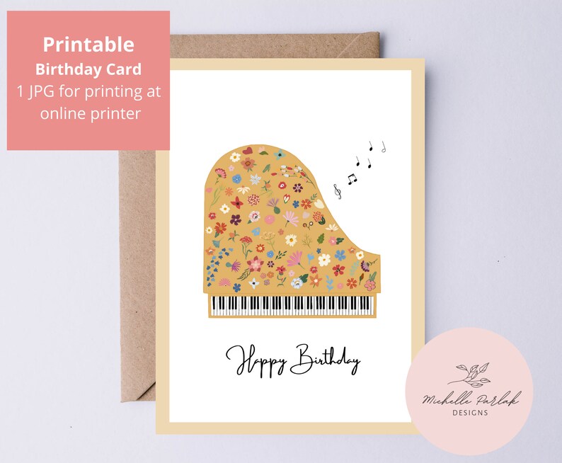 Piano Birthday Card Floral Instant Digital Download Card for Pianist ...
