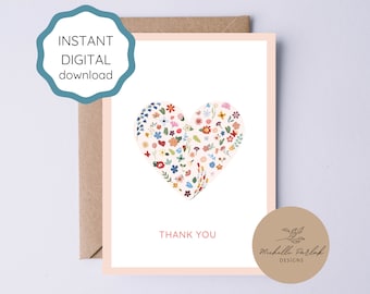 Thank You Card Printable Wildflower Card Thank You Download Appreciation Note for Wedding Thank You Baby Shower Heart Thankful Gratitude