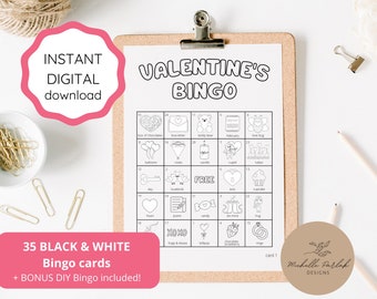 Printable Valentine's Day Bingo Game Black and White DIY Bingo for Kids Printer Friendly Coloring Activity for Elementary Classroom Party