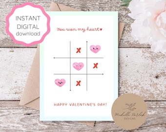 Printable Valentines Day Card Cute Valentine Tic Tac Toe Heart Themed Valentine Card for Him Funny Valentines for Loved One Romantic Card