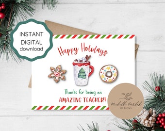 Peut inclure: Une carte numérique imprimable avec une bordure rayée rouge et verte. La carte dit "Joyeuses Fêtes" et "Merci d'être un PROFESSEUR EXTRAORDINAIRE !" avec une illustration aquarelle d'une tasse de chocolat chaud, un flocon de neige en pain d'épices et un beignet. La carte a également un petit cercle brun avec le texte "Michelle Parlak DESIGNS".