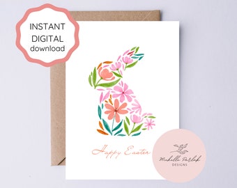 Happy Easter Greeting Card Easter Printable Card Beautiful Blooms Watercolor Floral Easter Bunny Digital Flower Easter Rabbit Card