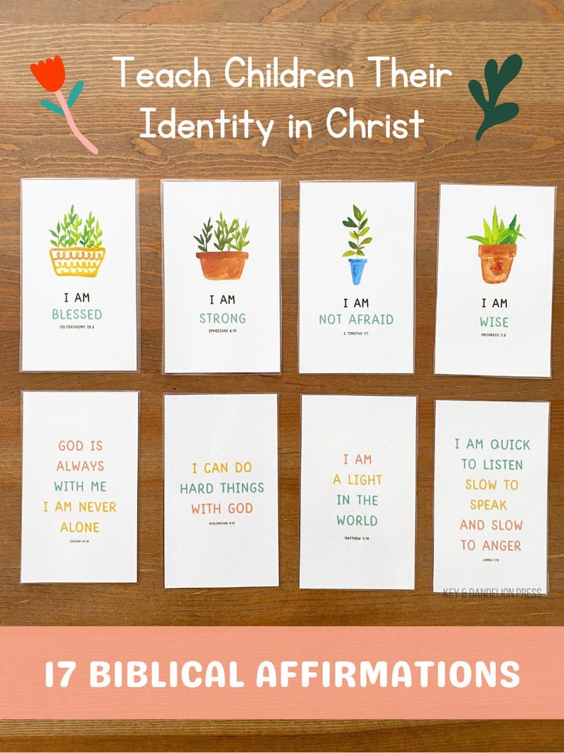 May include: A set of 17 colorful cards with illustrations of potted plants and biblical affirmations for children. The cards feature phrases like "I am blessed", "I am strong", "I am not afraid", and "I am wise".