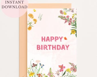 Botanical Butterfly Birthday Card Happy Birthday Wildflower Greeting Card for Her Butterfly Garden B-Day Card Printable Card for Gardener