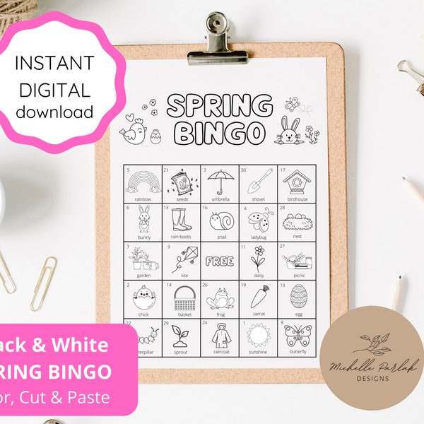 Spring Bingo Black and White Printable Bingo for Classroom Coloring Activity for Student Easter Game for Children Bingo for Kids Bingo Game