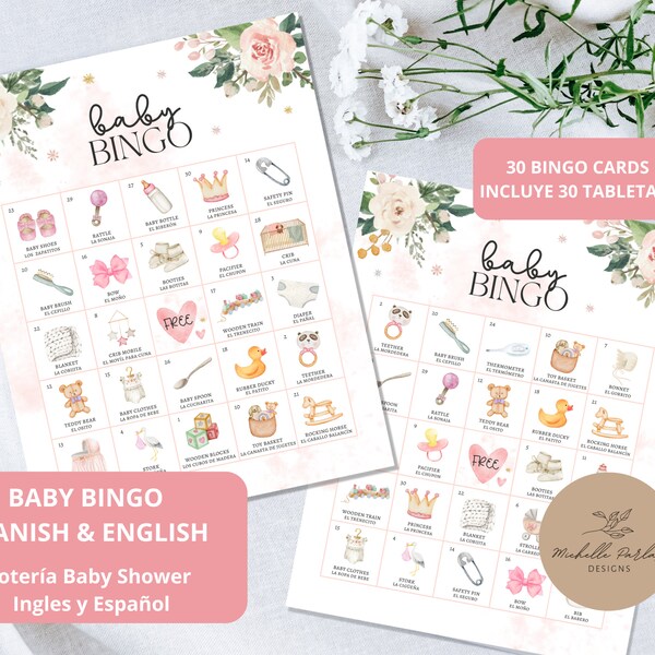 Bingo pour baby shower, anglais et espagnol Lotería Jeu de baby shower en anglais et en espagnol, jeu de fleurs rose poudré pour baby shower, activité baby shower pour filles