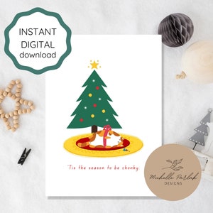 Tarjeta de felicitación de Navidad Fat Cat para amante de los gatos Divertido Meowy Navidad Descarga digital instantánea Plantilla de tarjeta de Navidad Punny Tarjeta de Navidad