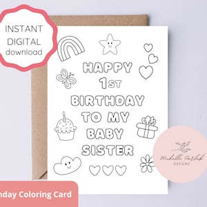 Afdrukbare Happy Birthday kleurkaart Happy 1e verjaardag voor zusje kaart van Big Brother Card Big Sister eerste verjaardagskaart