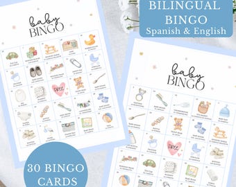 Bilingual Baby Shower Bingo Spanish and English Loteria Baby Boy Printable Bingo Games Blue Theme Juegos Baby Shower Games Juego Bilingue
