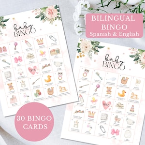 Bilingual Baby Bingo Loteria Game for Girl Printable Bingo Cards English and Spanish Baby Shower Activity Loteria para Niña Pink Baby Shower