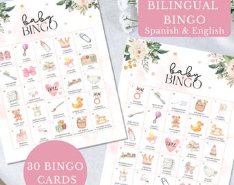 Bilingual Baby Bingo Loteria Game for Girl Printable Bingo Cards English and Spanish Baby Shower Activity Loteria para Niña Pink Baby Shower