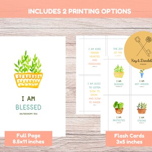 May include: Printable set of affirmation cards featuring watercolor illustrations of potted plants. The cards include phrases like "I am blessed" and "I am kind, tender-hearted, and forgiving". The set includes two printing options: full page (8.5x11 inches) and flash cards (3x5 inches).