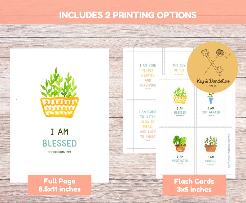 May include: Printable set of affirmation cards featuring watercolor illustrations of potted plants. The cards include phrases like "I am blessed" and "I am kind, tender-hearted, and forgiving". The set includes two printing options: full page (8.5x11 inches) and flash cards (3x5 inches).